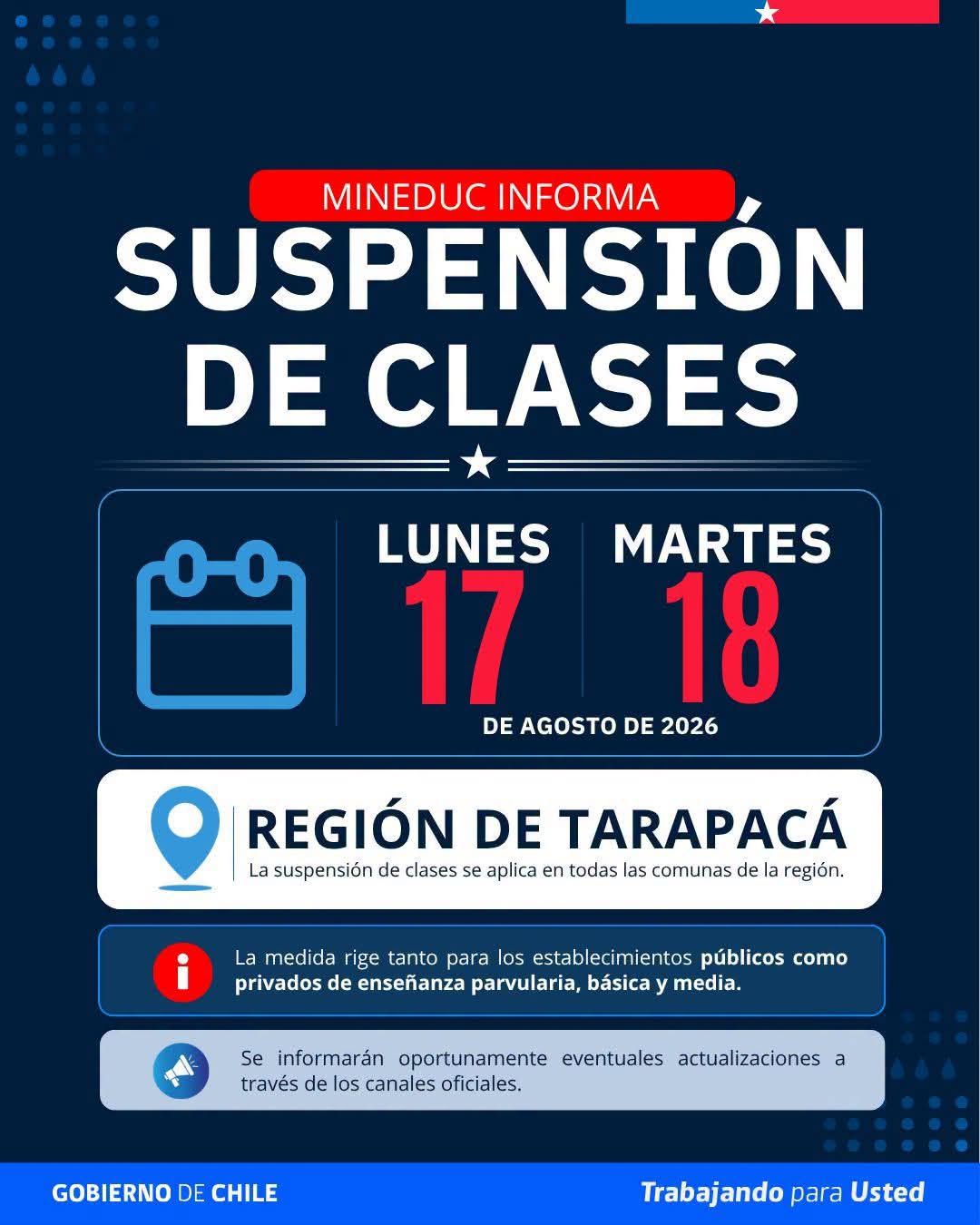Tarapacá suspende clases los días 17 y 18 de agosto por contingencia climática.