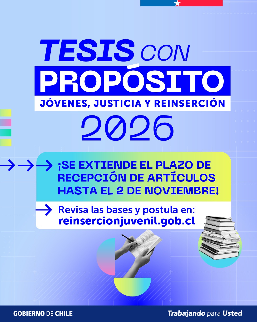 Se amplía el  plazo para el concurso de Tesis con Propósito del Servicio de Reinserción Social Juvenil.